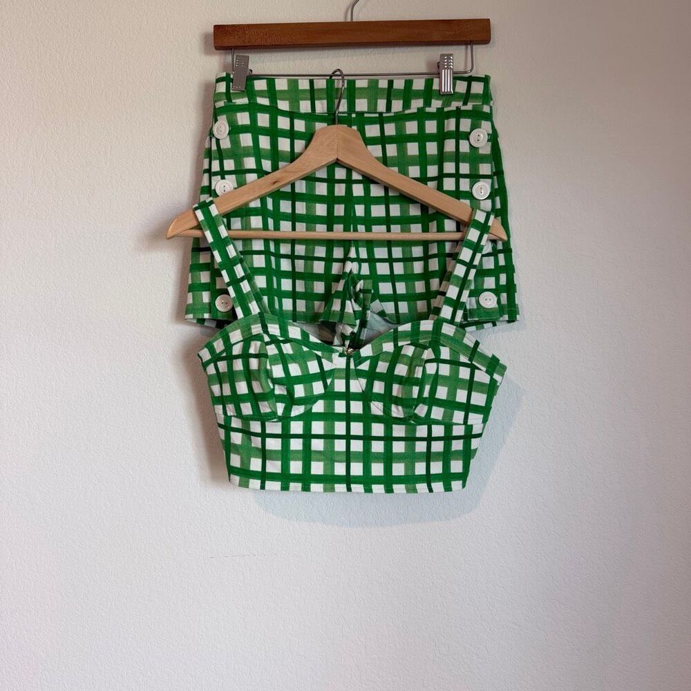 Anthropologie Green and White Gingham Crop Top and Shorts Set